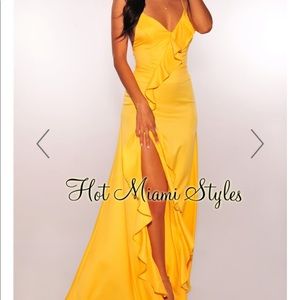 Ruffle slit lace up yellow Maxi dress